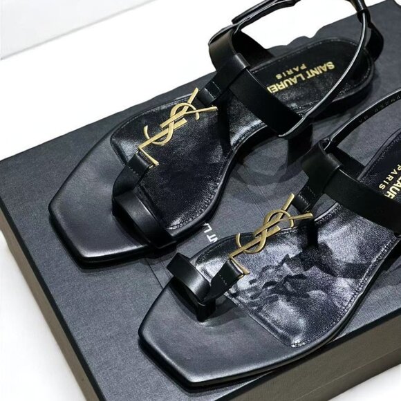 NIB Saint Laurent Black & Gold Cassandra Flat Sandals - Picture 2 of 4